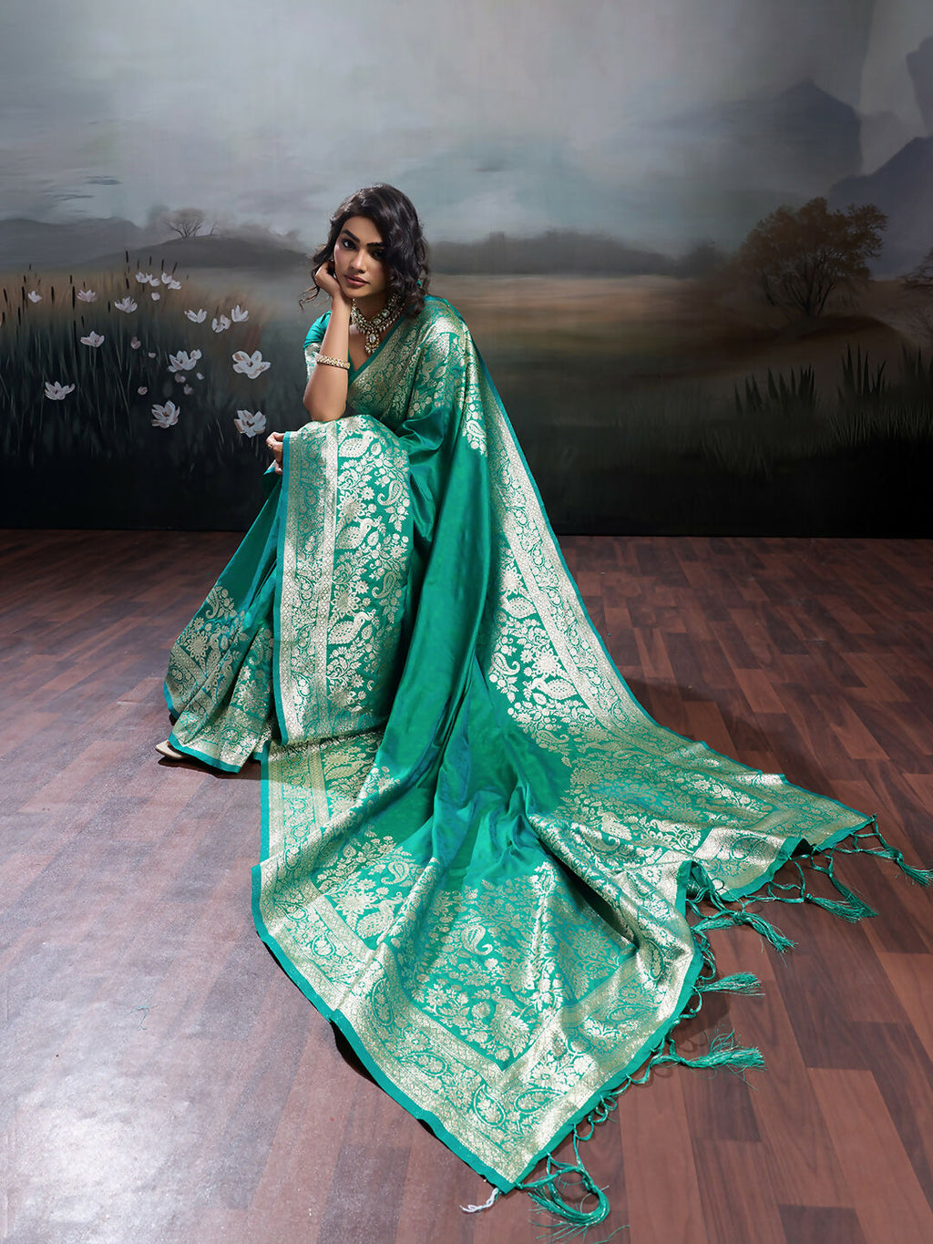 Rama Silk Blend Saree with Metallic Gold Zari Border Traditional