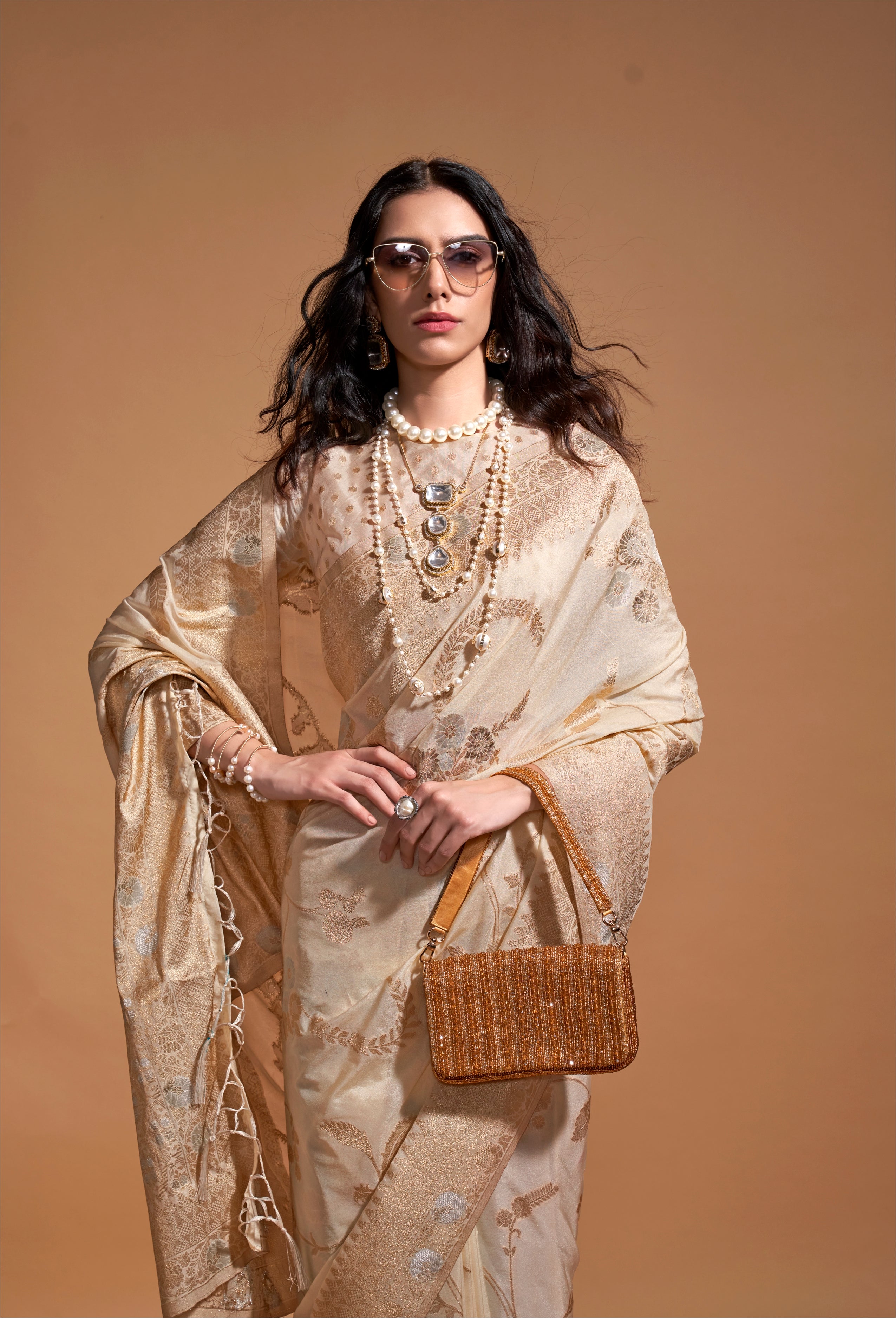 Cream Silk Weaving Designer Traditional Saree