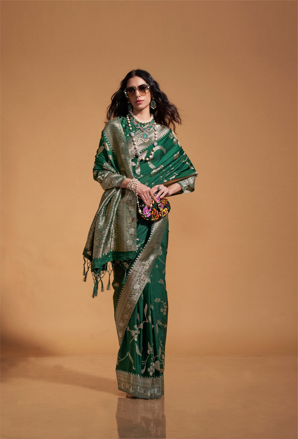 Dark Green Silk Designer Saree with Elegant Weaving