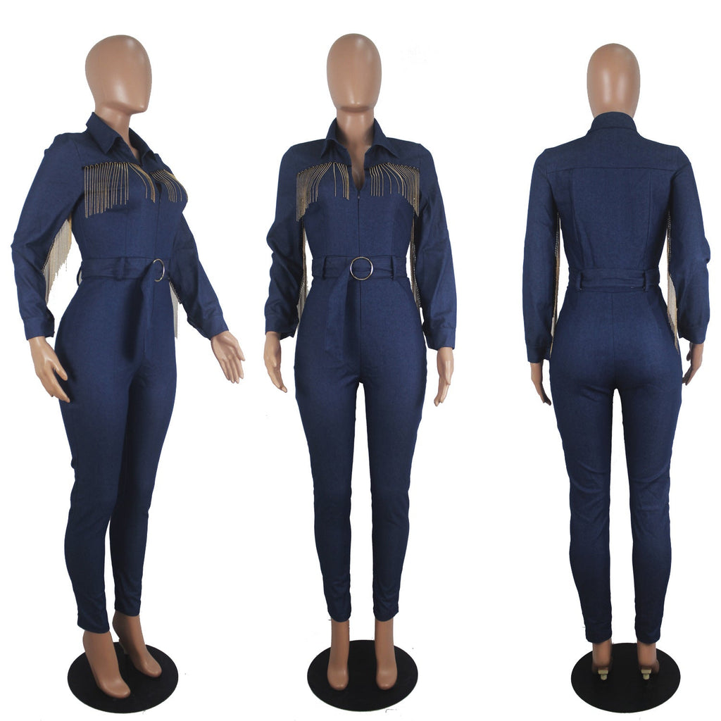 Fashionable Denim Fringed Jumpsuit with Belt