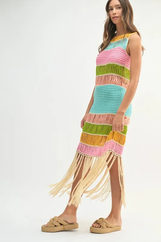 Multi Color Fringed Crochet Knit Mini Dress