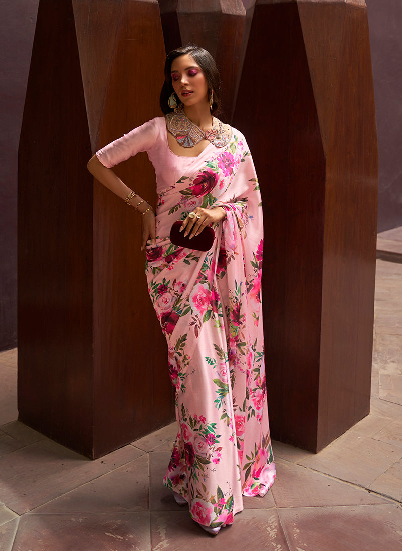 Contemporary Light Pink Crepe Satin saree with modern digital print design