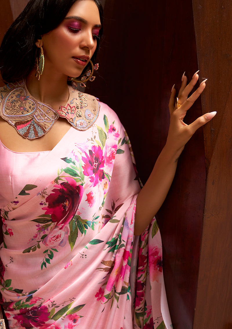 Light Pink Crepe Satin Digital Print Contemporary Saree