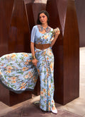 Light blue digital print crepe satin saree for casual wear