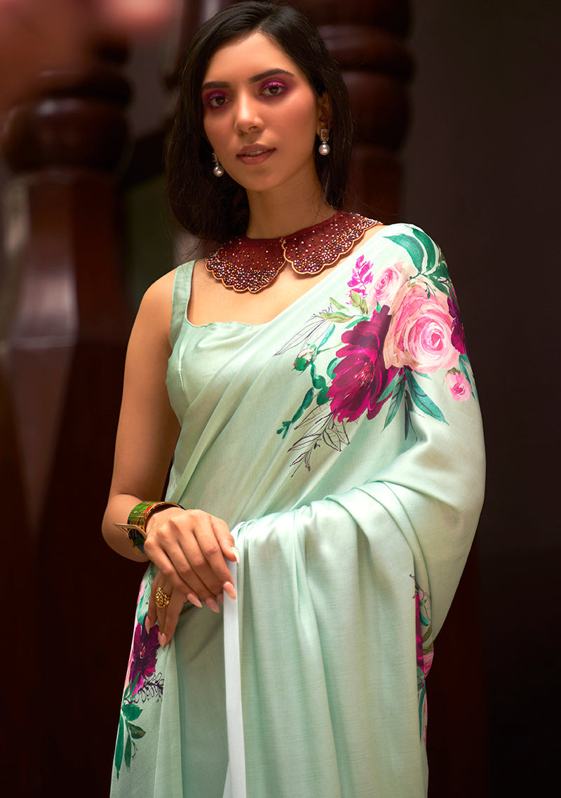 Light Green Crepe Satin Digital Print Saree for Festive Wear