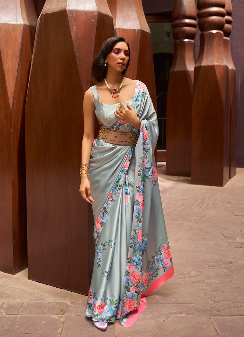 Light grey crepe satin saree with modern digital print details