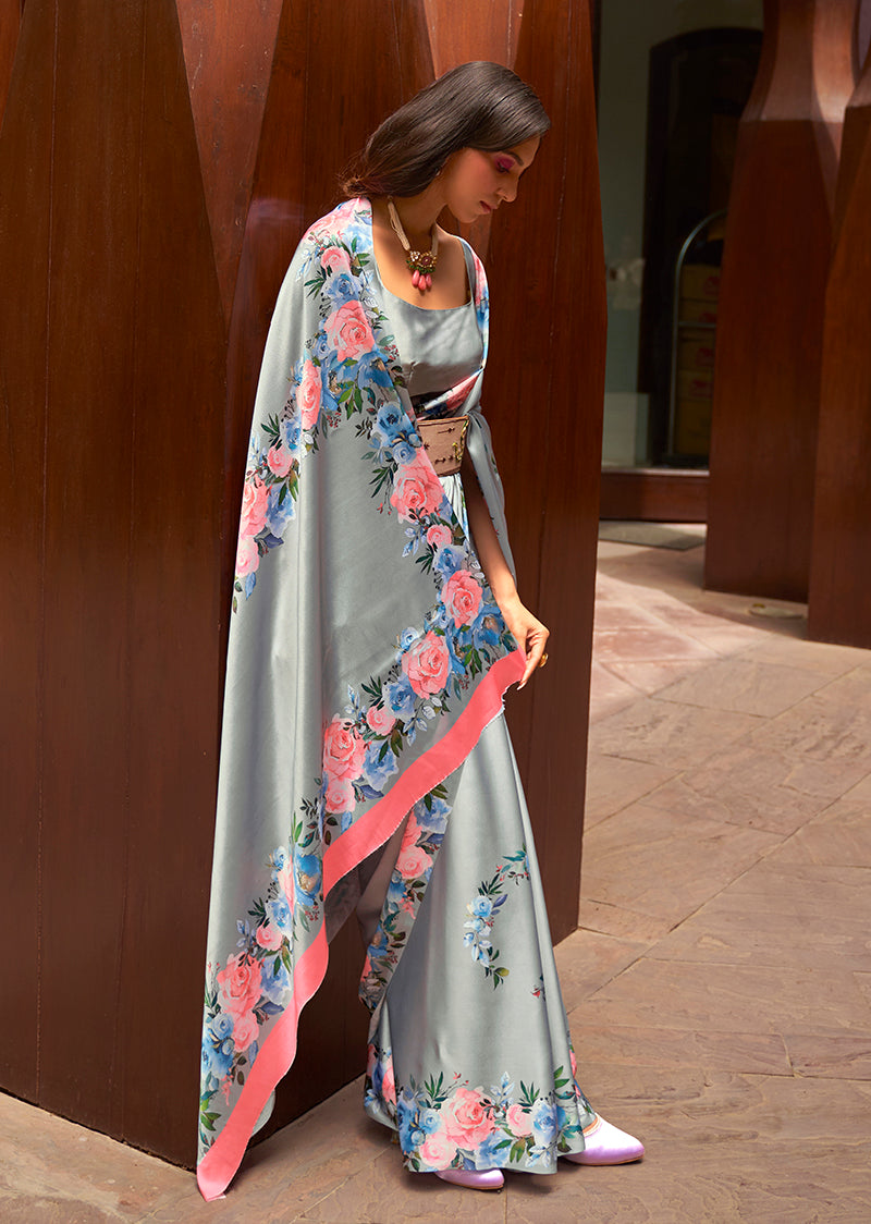 Light Grey Crepe Satin Digital Print Saree for Modern Style
