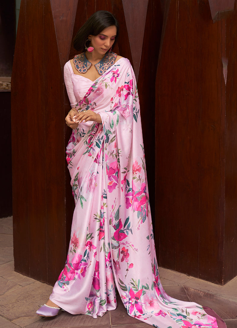 Trendy light pink saree in crepe satin with digital print detail.