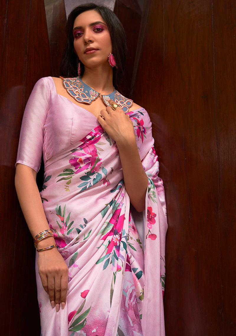 Light Pink Crepe Satin Digital Print Trendy Saree