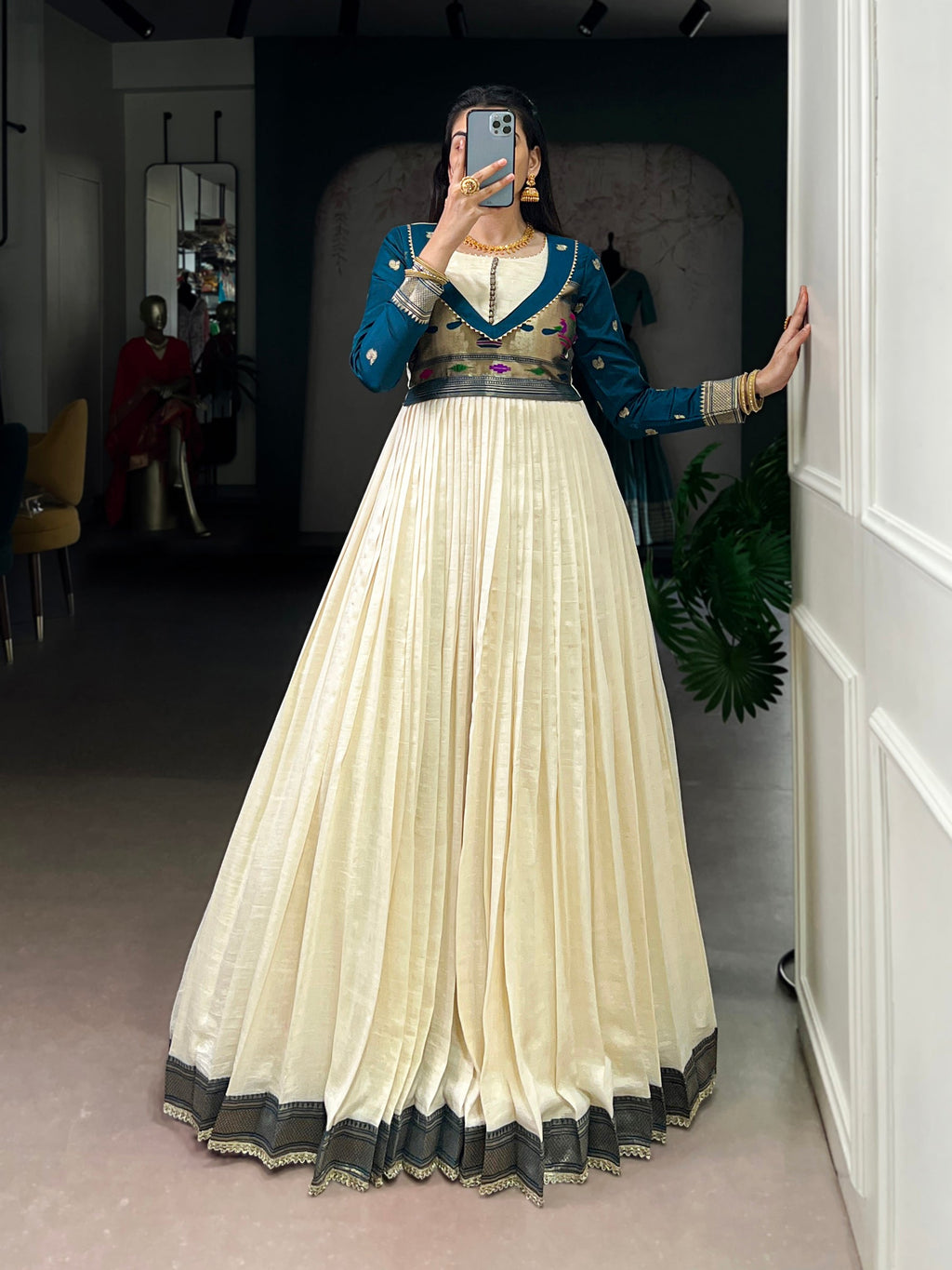 Off White Vichitra Silk Gown with Zari Weaving and Lace Accents