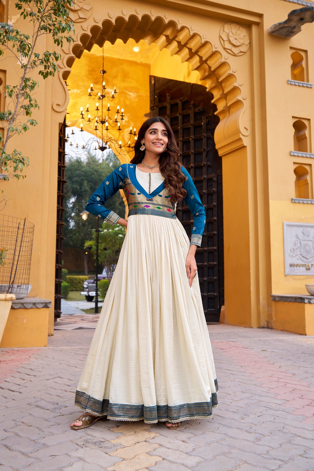 Offwhite Vichitra Silk Long Dress with Zari Weaving and Lace