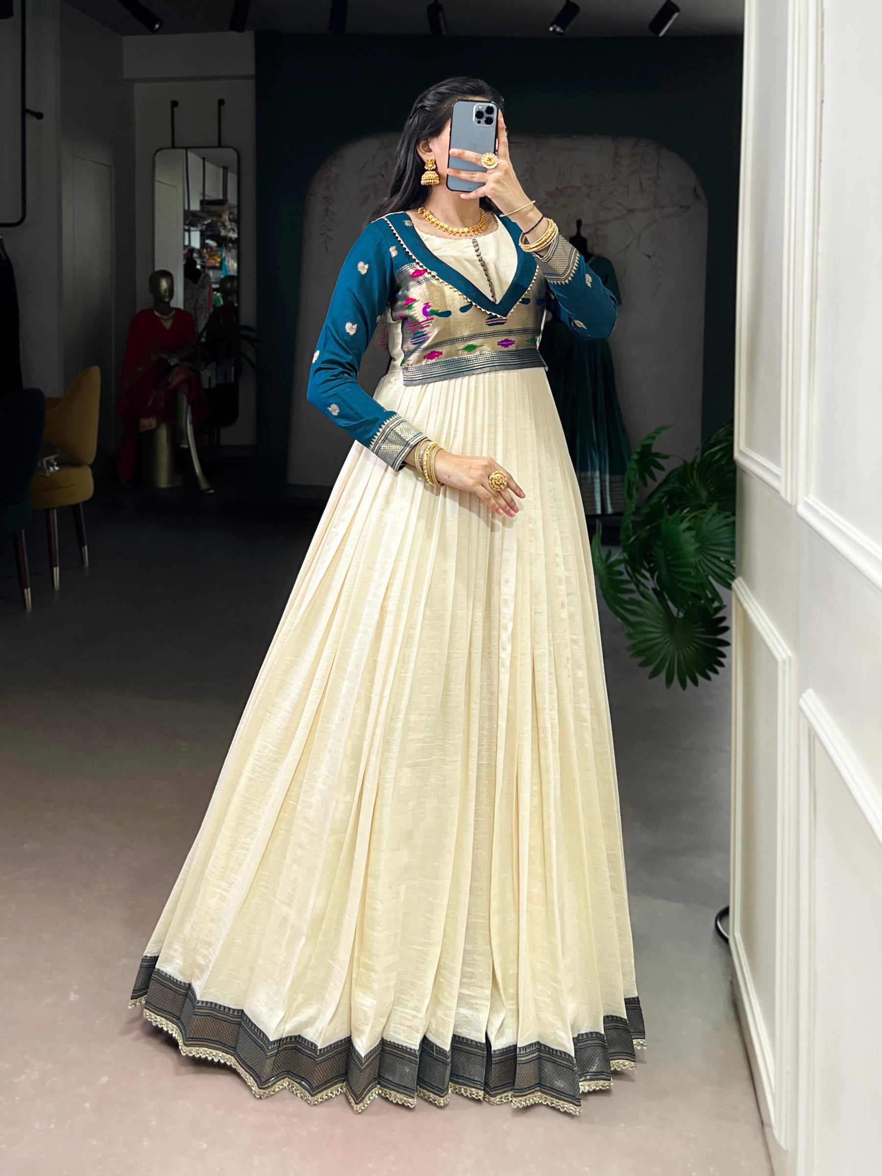Off White Vichitra Silk Gown with Zari Weaving and Lace Accents
