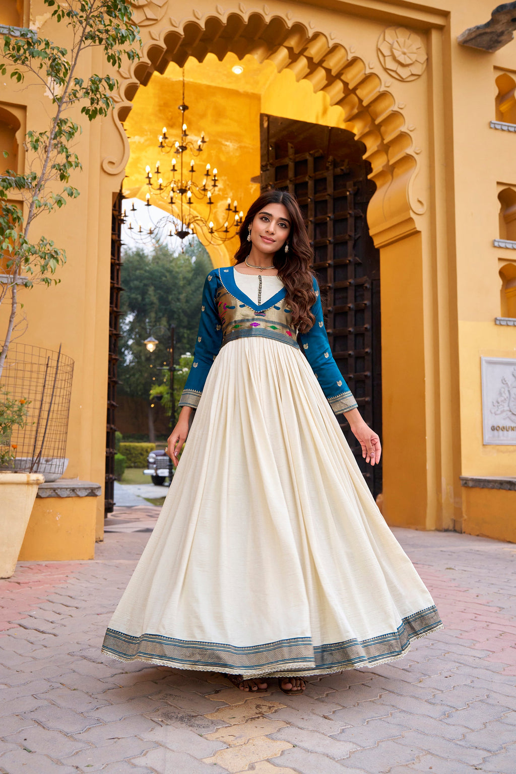 Offwhite Vichitra Silk Long Dress with Zari Weaving and Lace