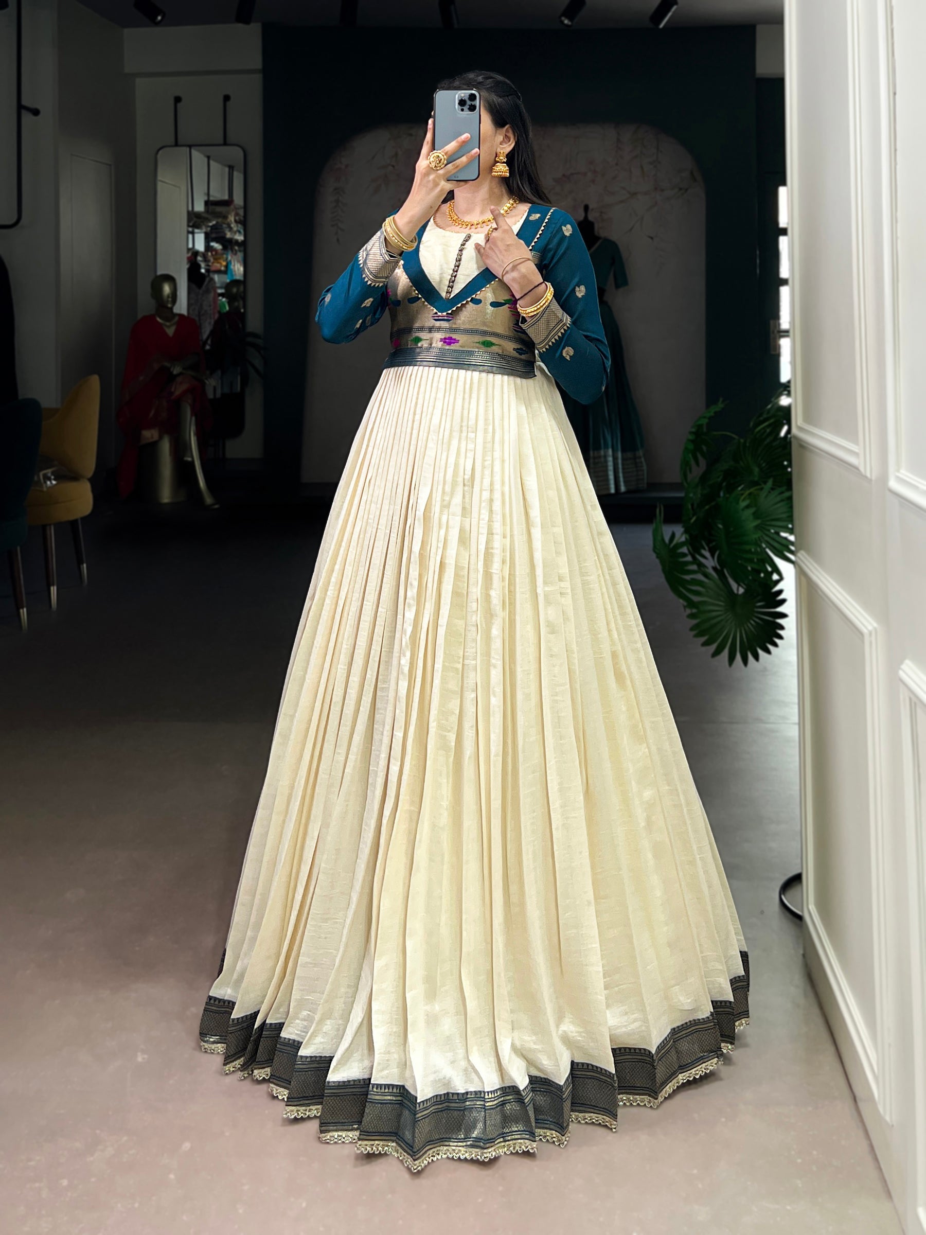 Off White Vichitra Silk Gown with Zari Weaving and Lace Accents