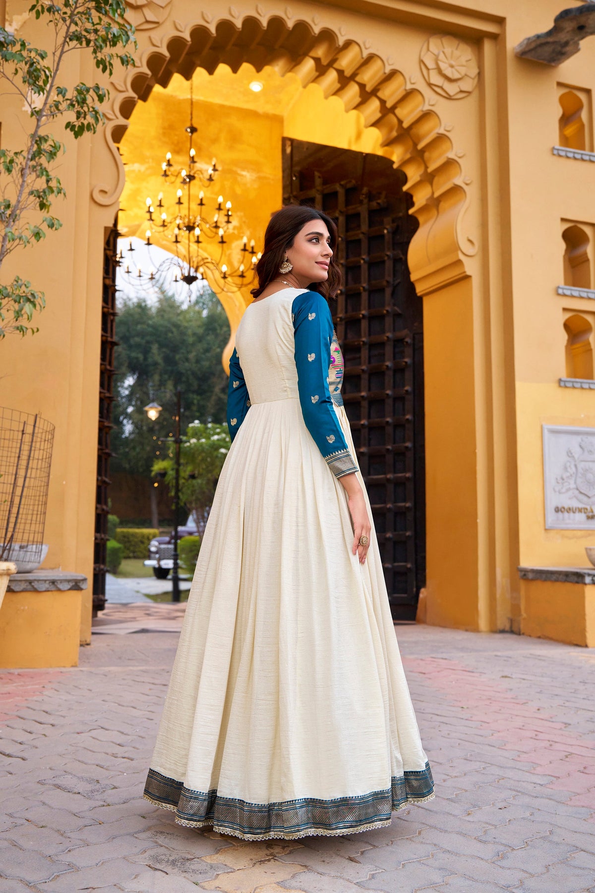 Offwhite Vichitra Silk Long Dress with Zari Weaving and Lace