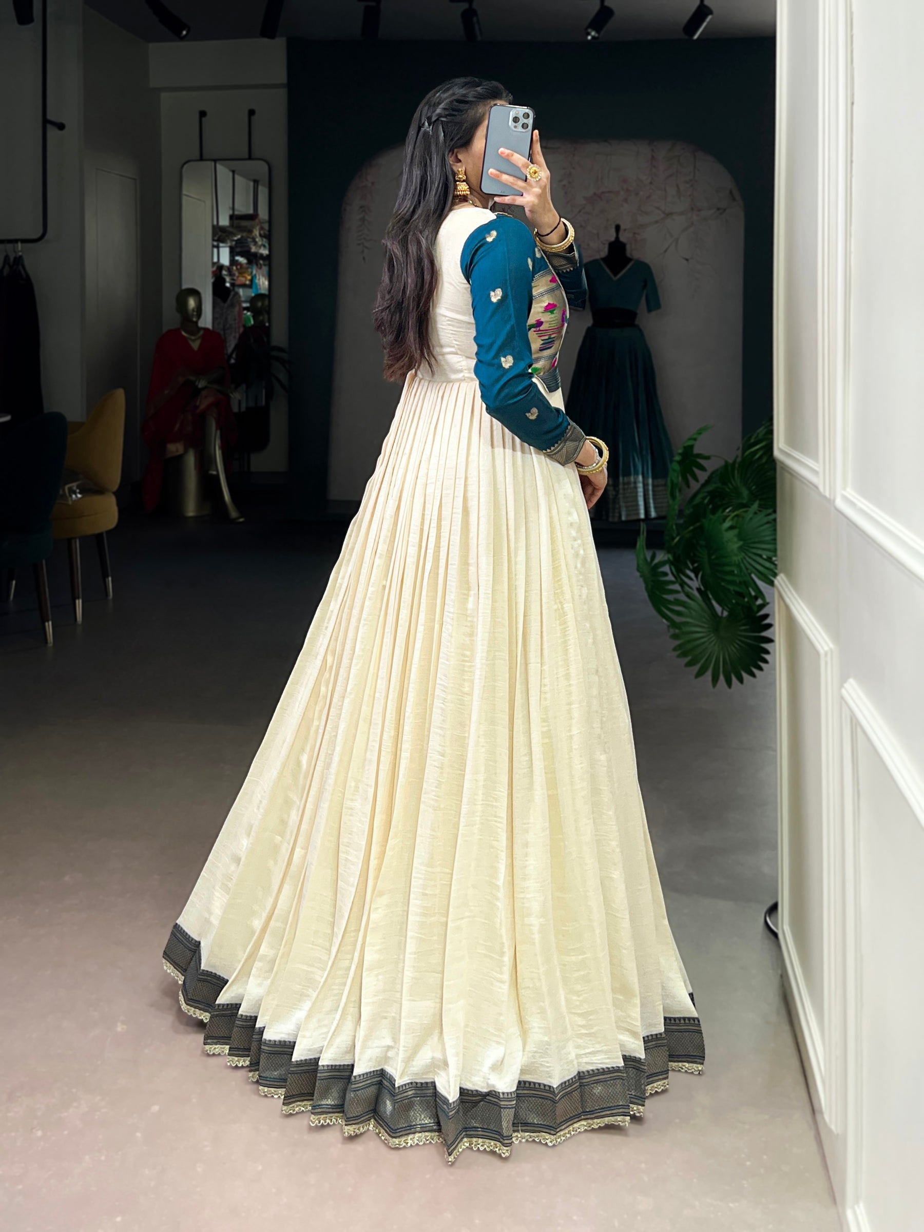 Off White Vichitra Silk Gown with Zari Weaving and Lace Accents