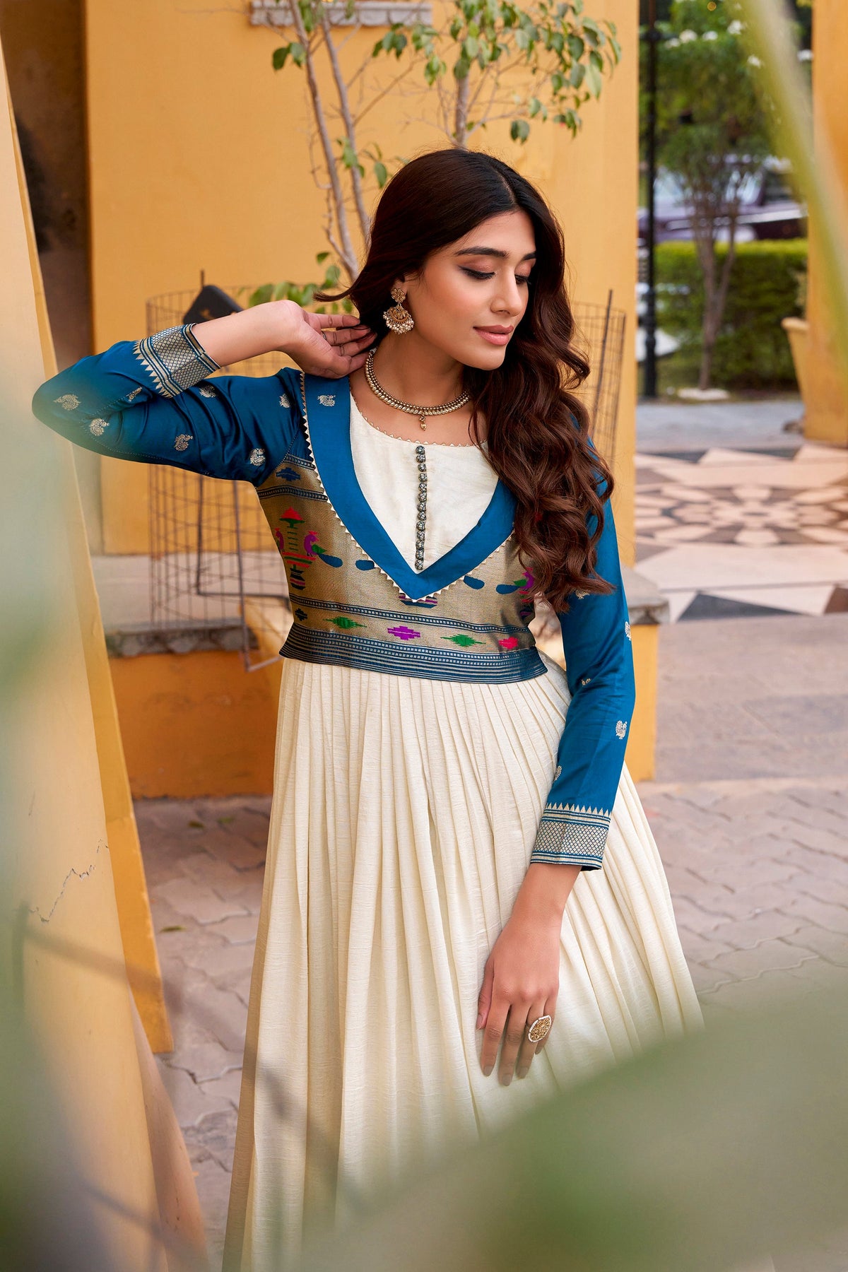 Offwhite Vichitra Silk Long Dress with Zari Weaving and Lace