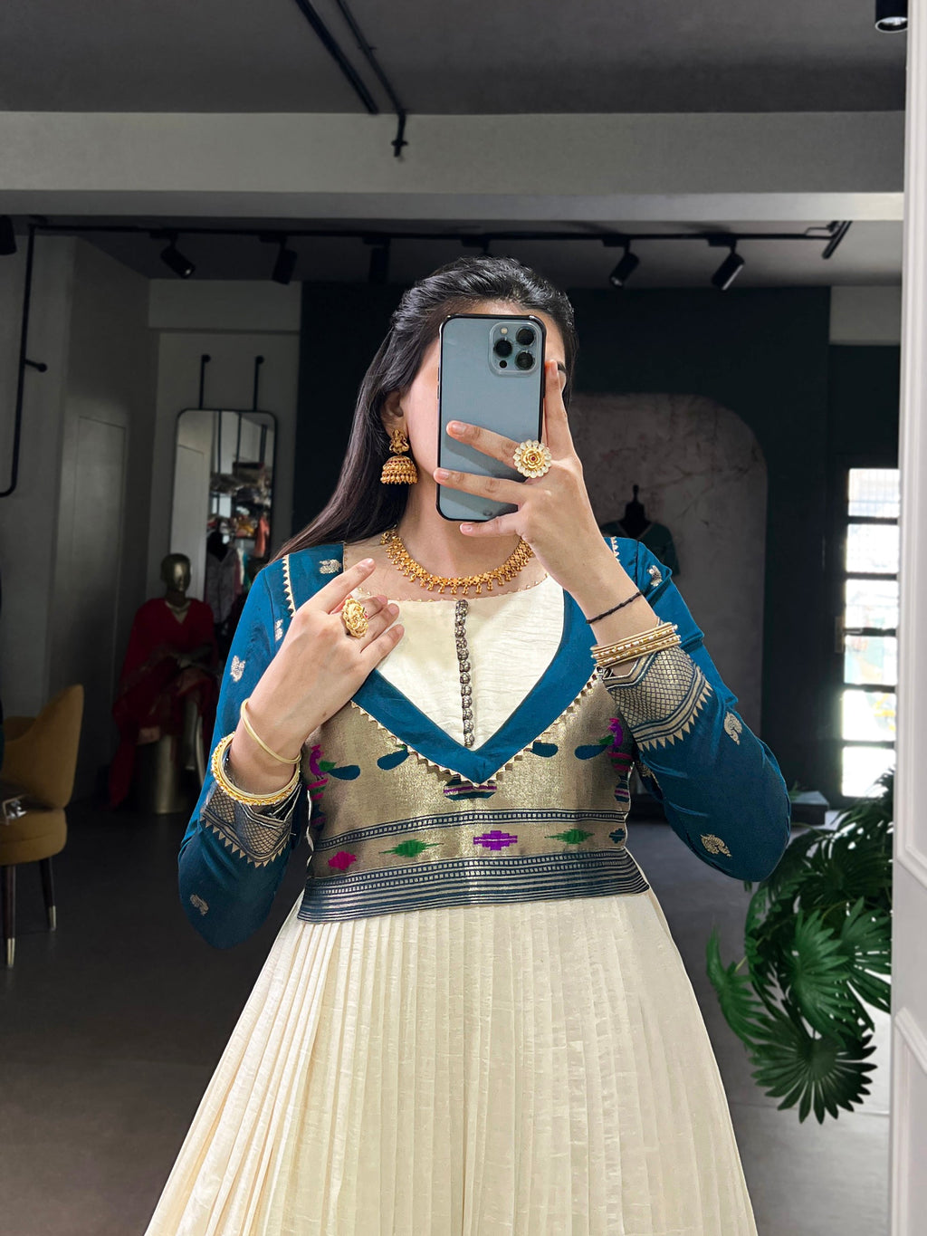 Off White Vichitra Silk Gown with Zari Weaving and Lace Accents