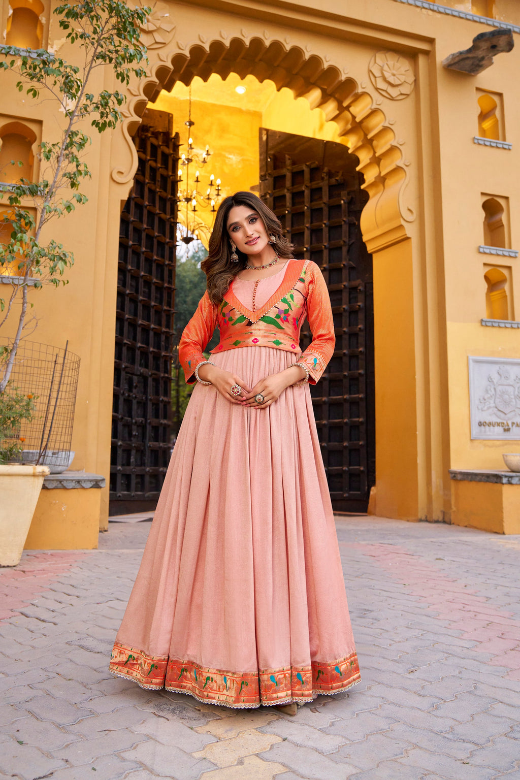 Peach Vichitra Silk Floor Length A-Line Dress with Zari Weaving