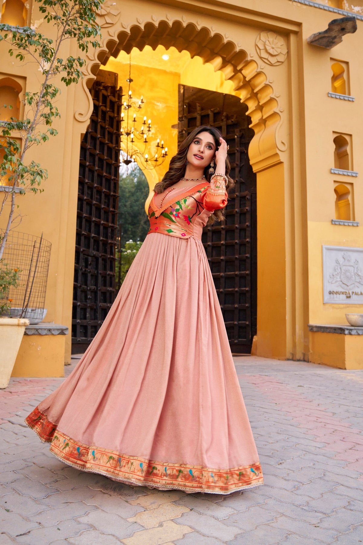Peach Vichitra Silk Floor Length A-Line Dress with Zari Weaving