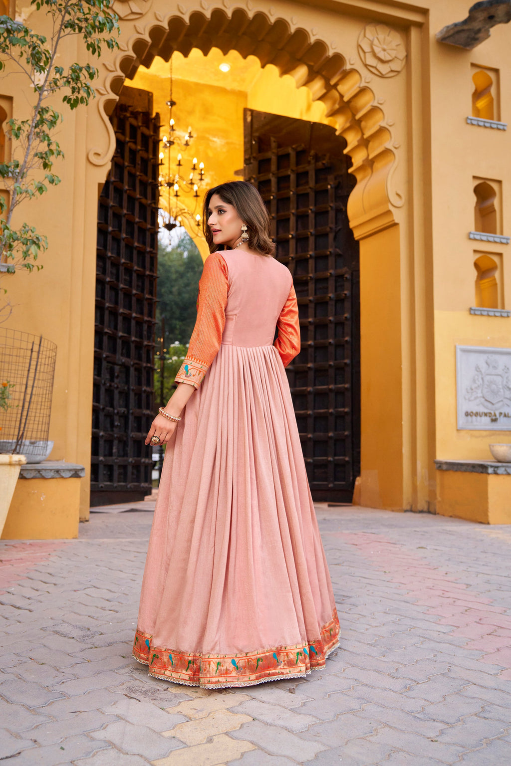 Peach Vichitra Silk Floor Length A-Line Dress with Zari Weaving