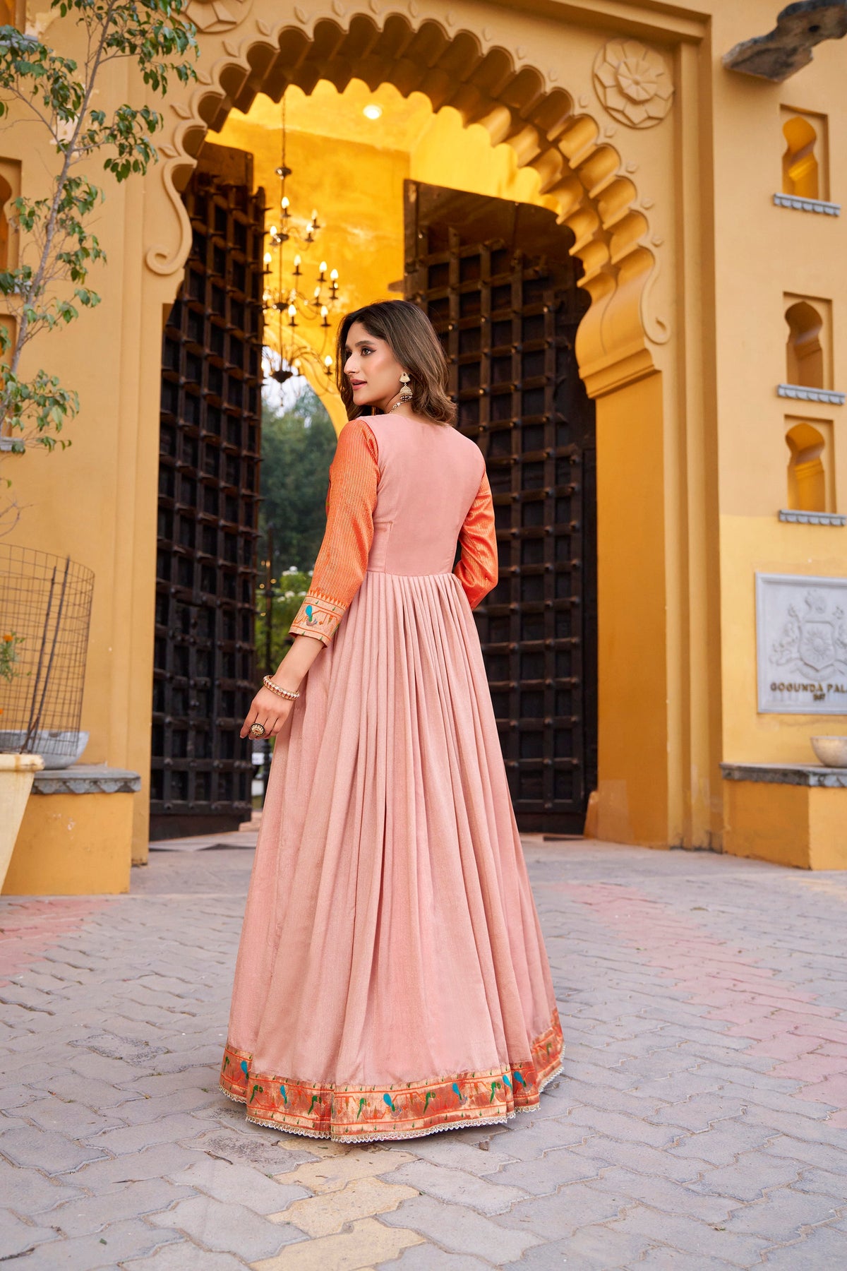 Peach Vichitra Silk Floor Length A-Line Dress with Zari Weaving