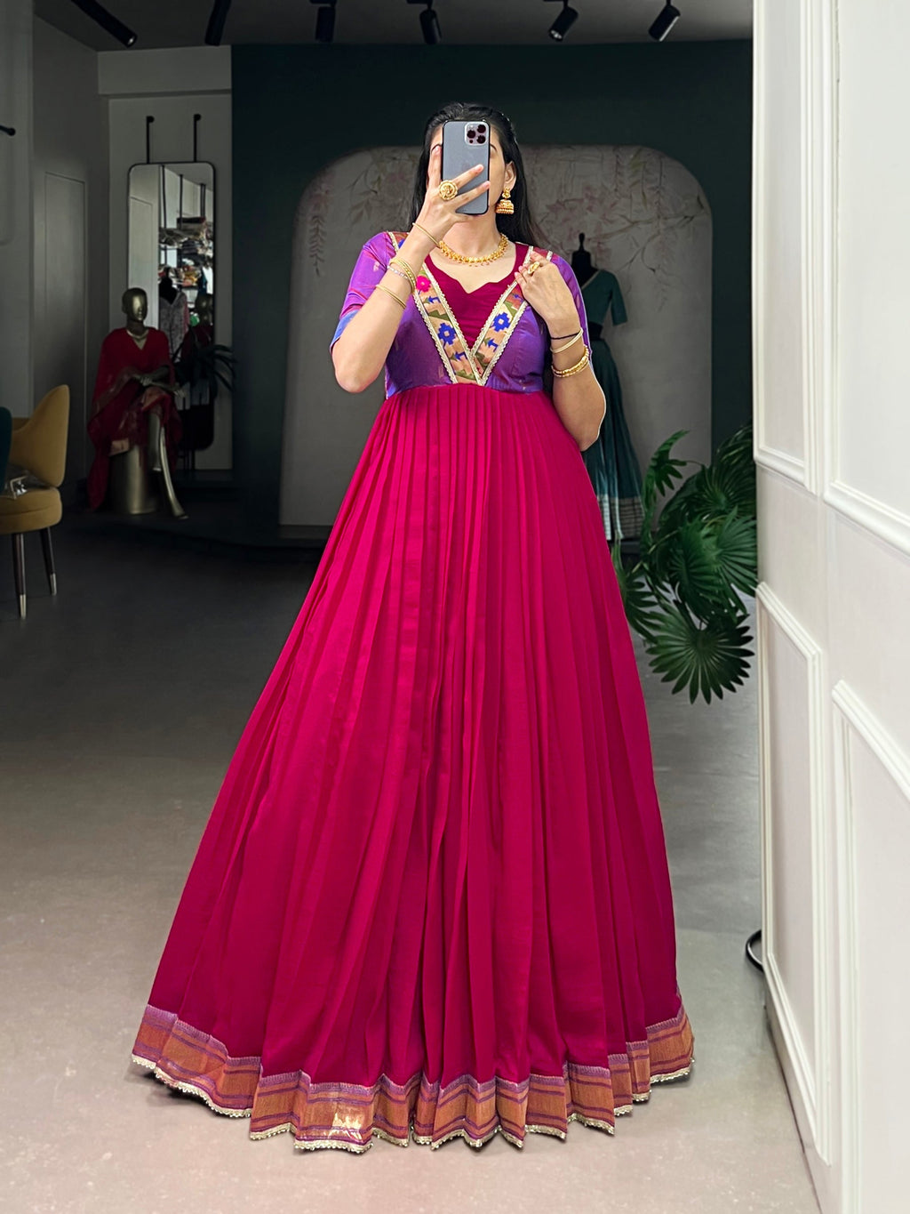 Rani Pink Vichitra Silk Gown with Zari Weaving and Lace Details