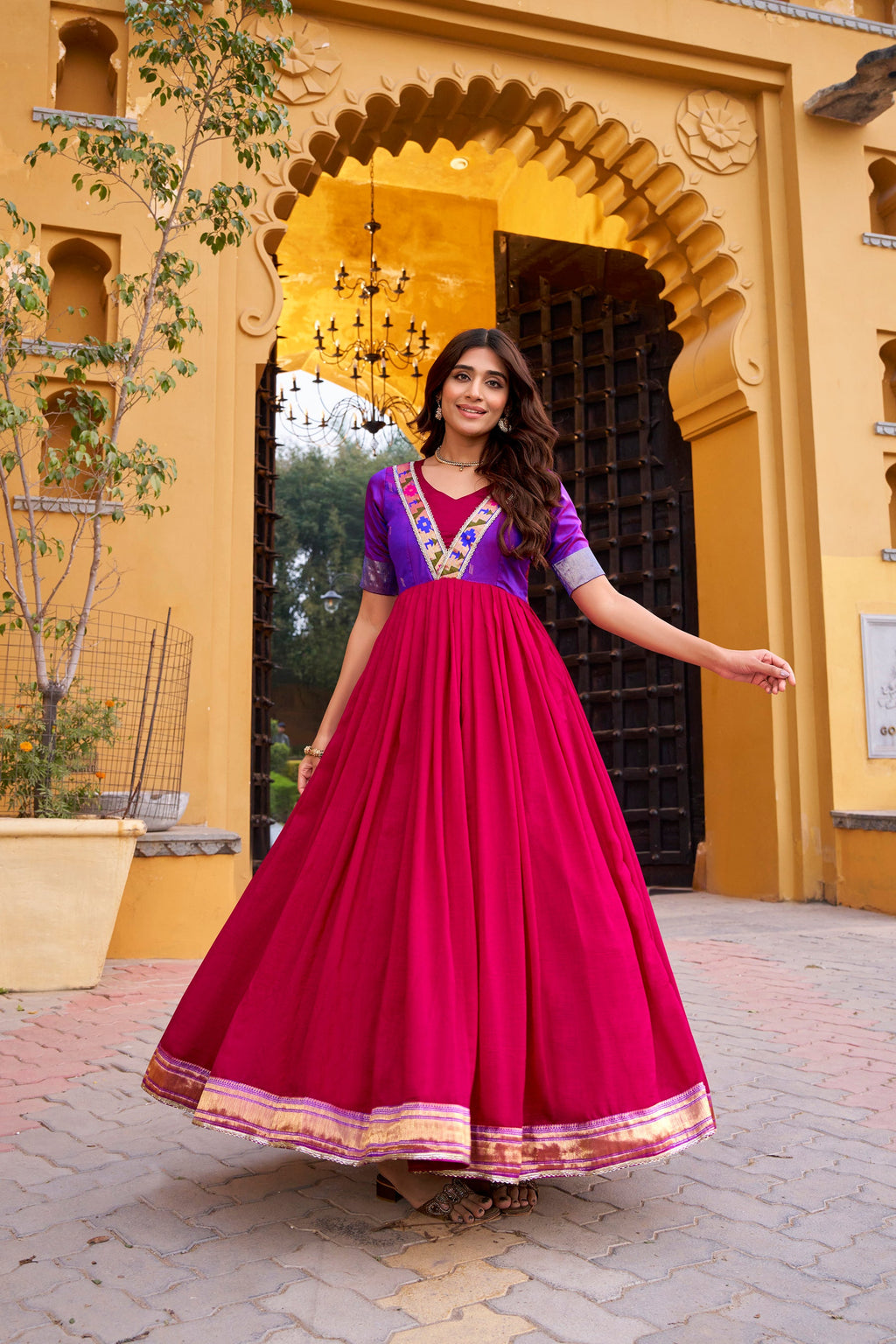 Pink Vichitra Silk Zari Weaving Long Dress with Lace Detail