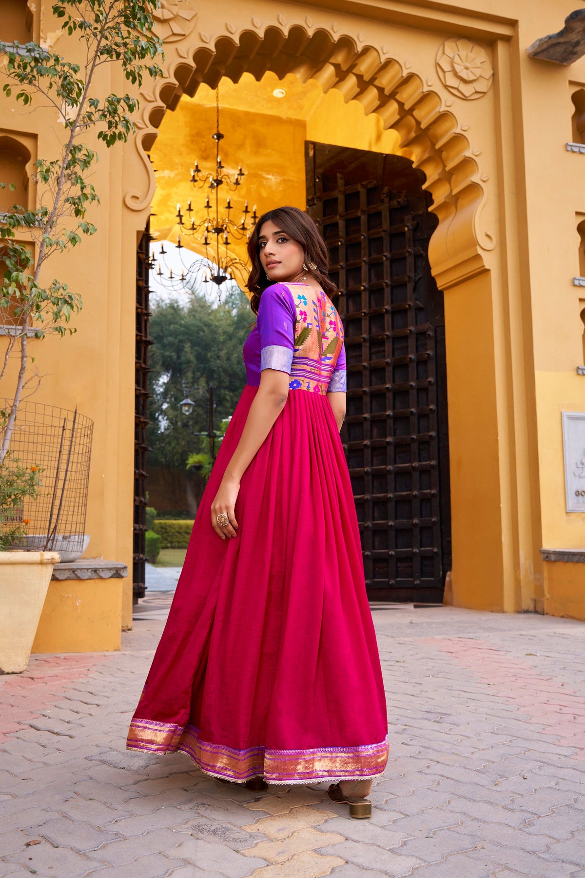 Pink Vichitra Silk Zari Weaving Long Dress with Lace Detail