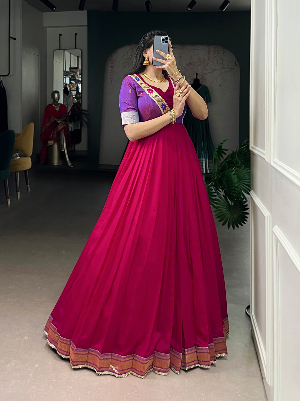 Rani Pink Vichitra Silk Gown with Zari Weaving and Lace Details