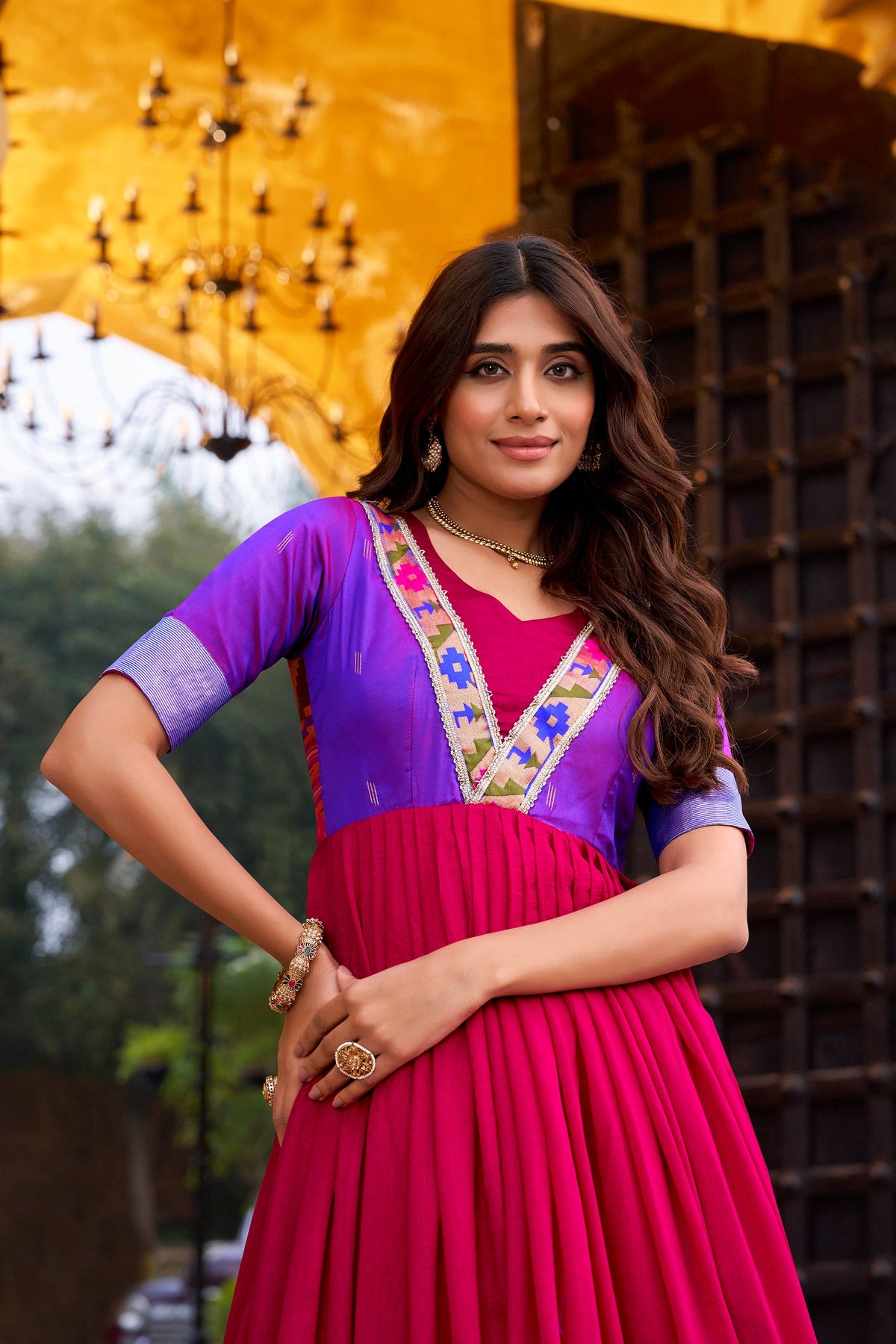 Pink Vichitra Silk Zari Weaving Long Dress with Lace Detail