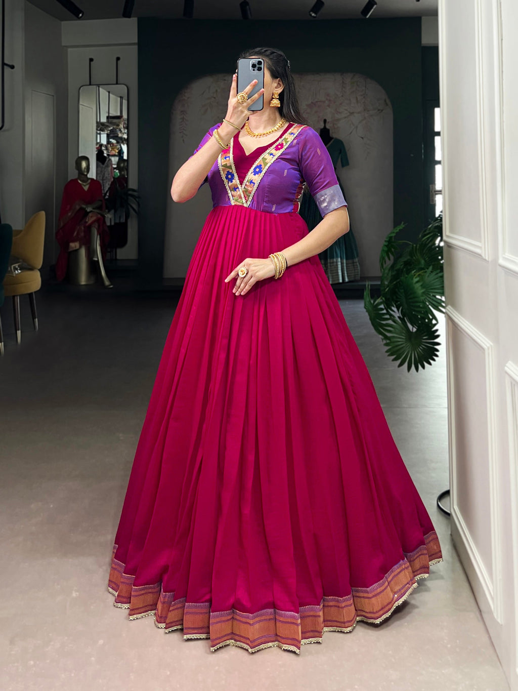 Rani Pink Vichitra Silk Gown with Zari Weaving and Lace Details