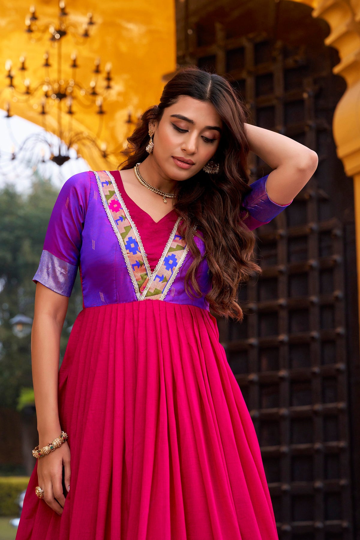 Pink Vichitra Silk Zari Weaving Long Dress with Lace Detail