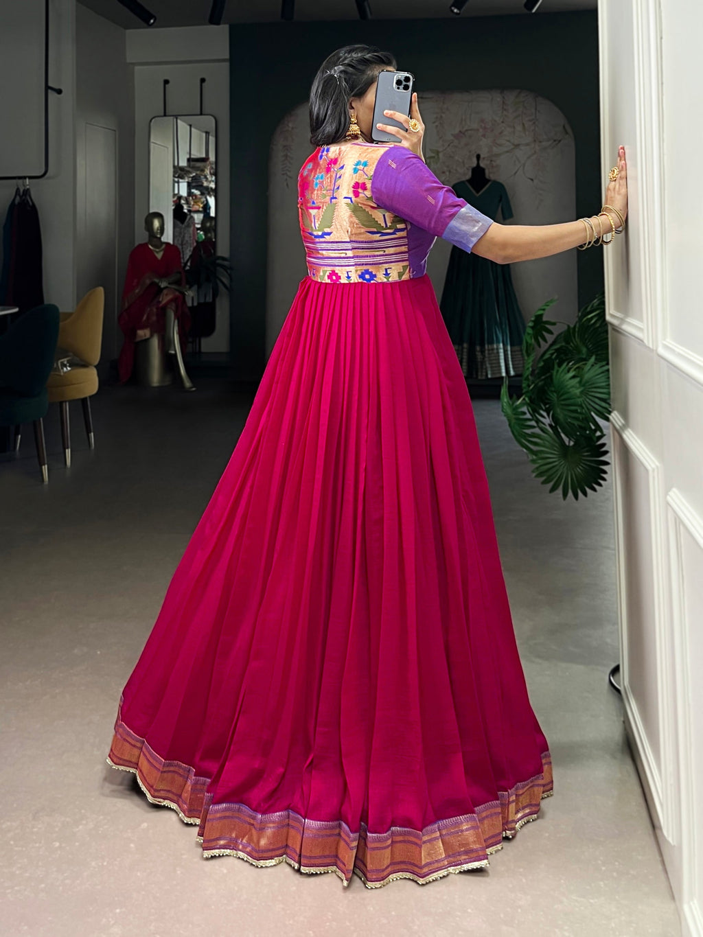 Rani Pink Vichitra Silk Gown with Zari Weaving and Lace Details