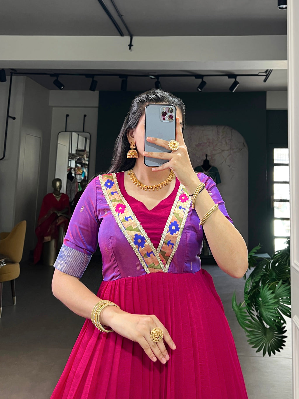 Rani Pink Vichitra Silk Gown with Zari Weaving and Lace Details