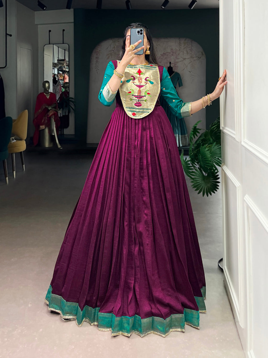 Wine Vichitra Silk Gown with Zari Weaving and Lace Detailing