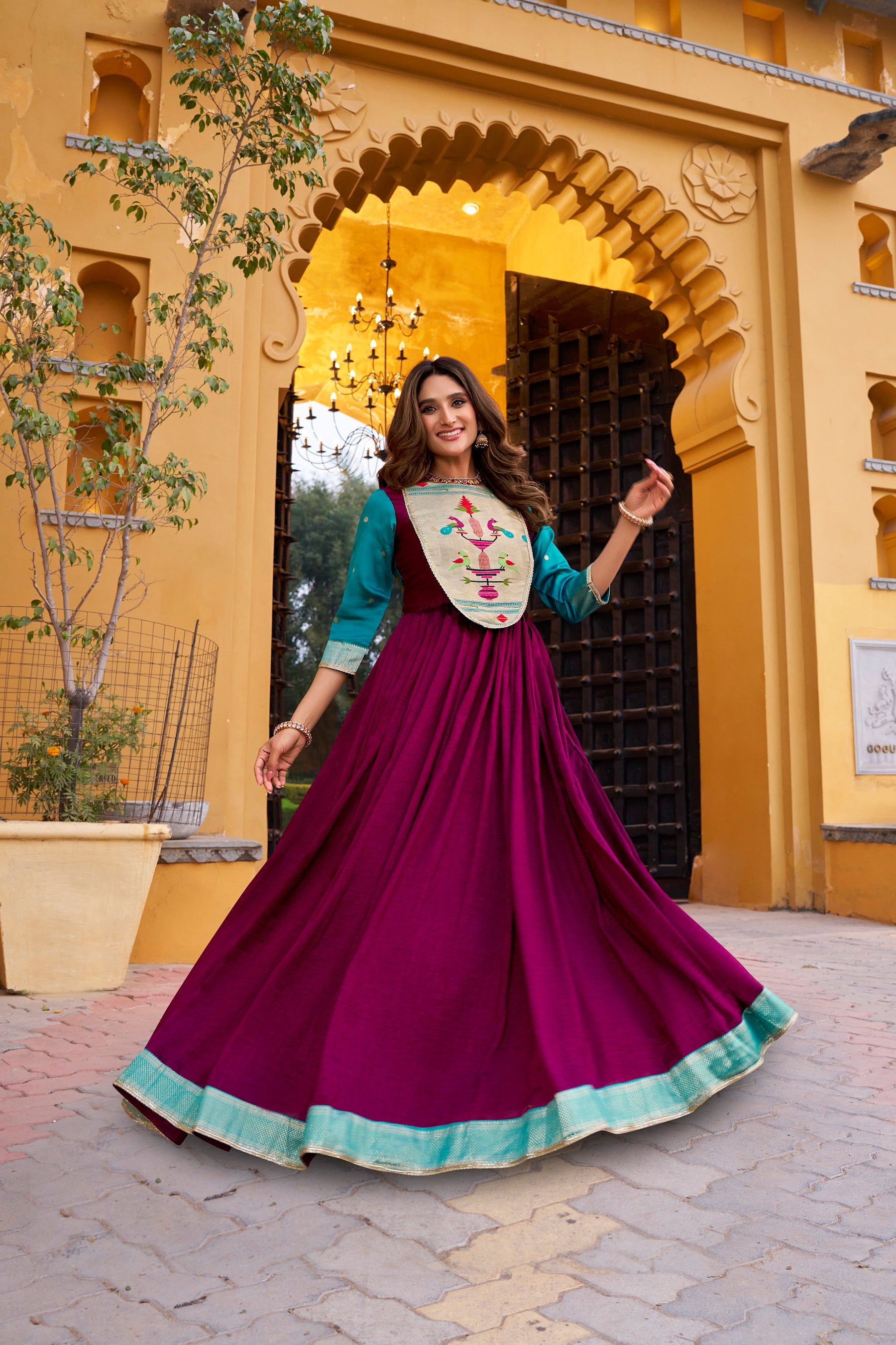 Wine Vichitra Silk Long Dress with Zari Weaving and Lace Details