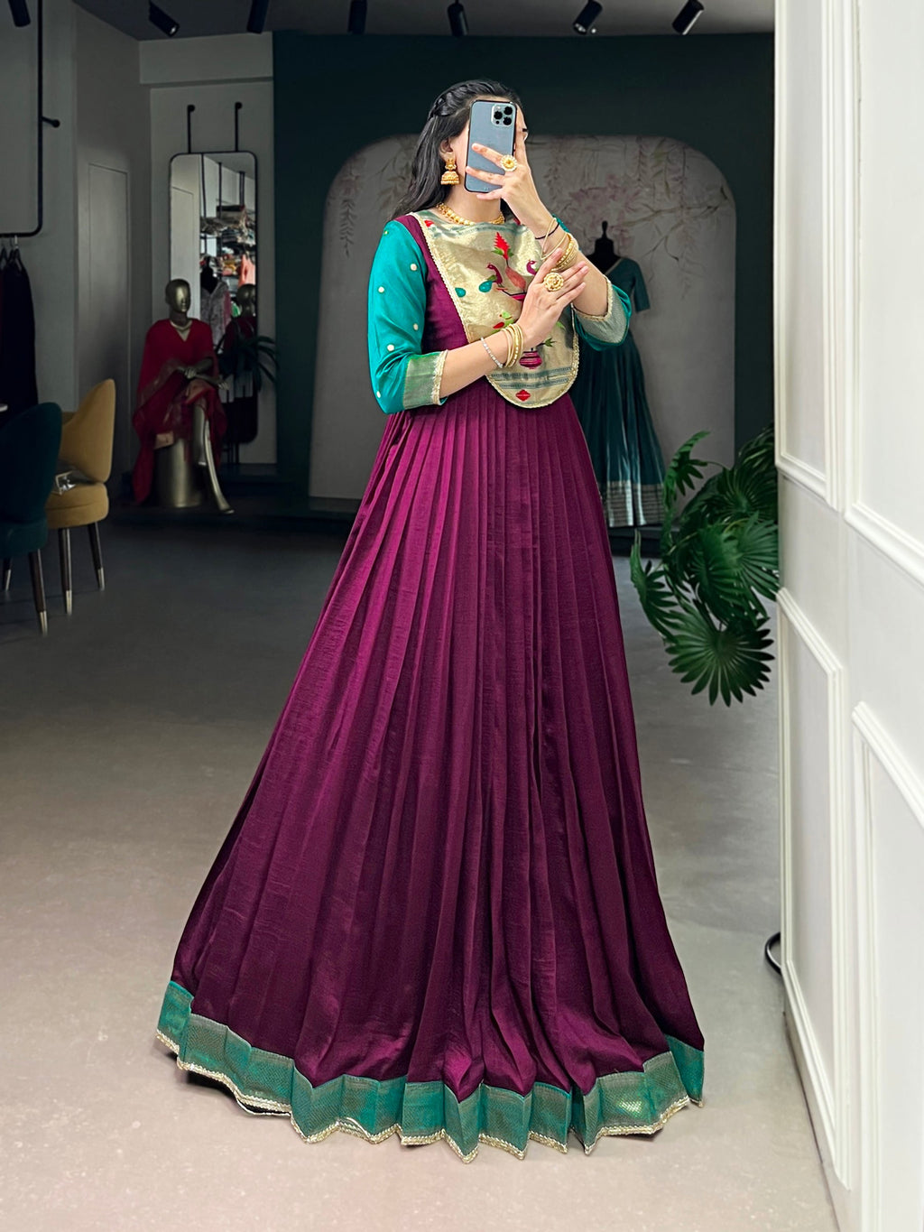 Wine Vichitra Silk Gown with Zari Weaving and Lace Detailing