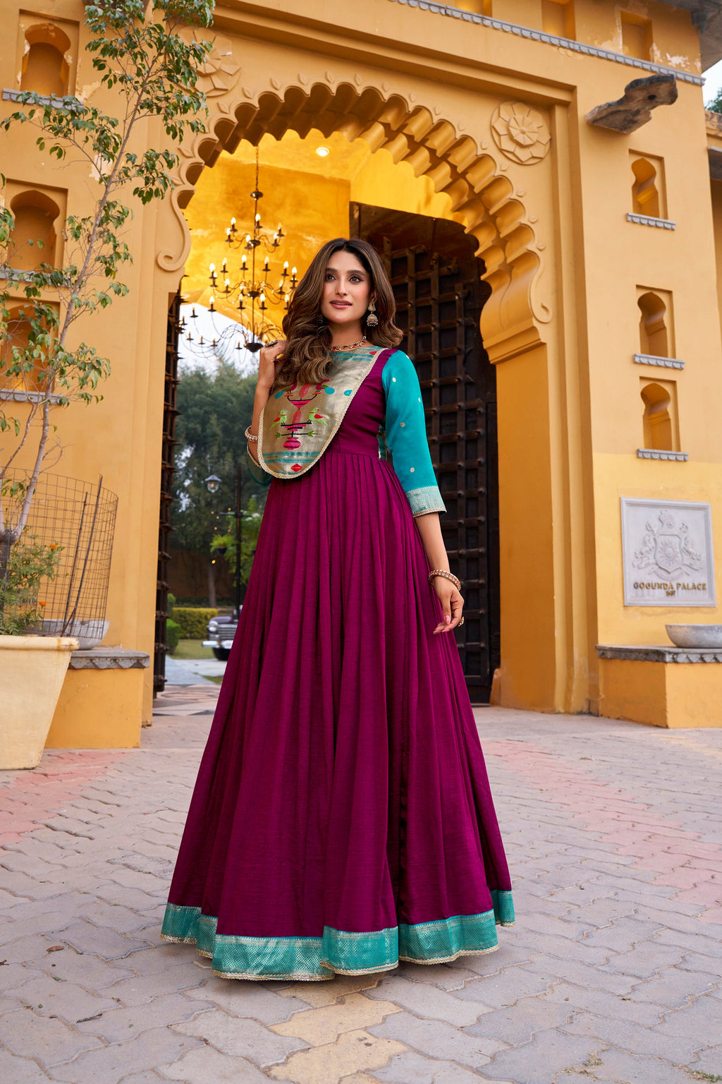 Wine Vichitra Silk Long Dress with Zari Weaving and Lace Details