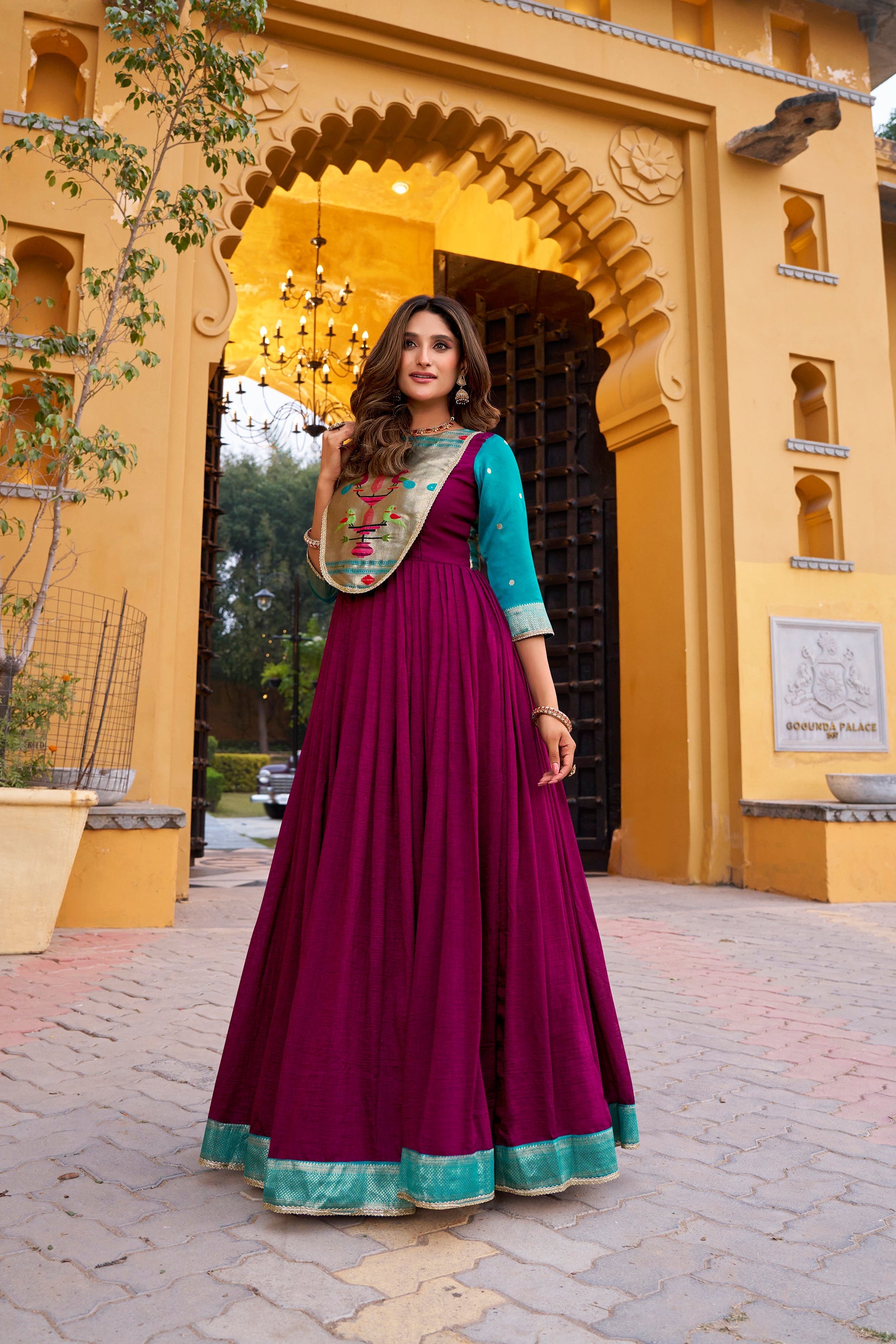 Wine Vichitra Silk Long Dress with Zari Weaving and Lace Details