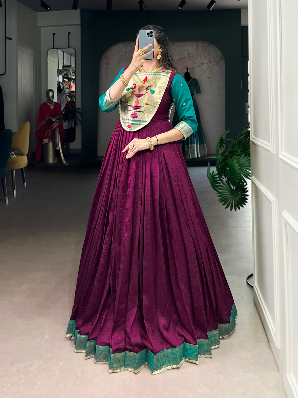 Wine Vichitra Silk Gown with Zari Weaving and Lace Detailing