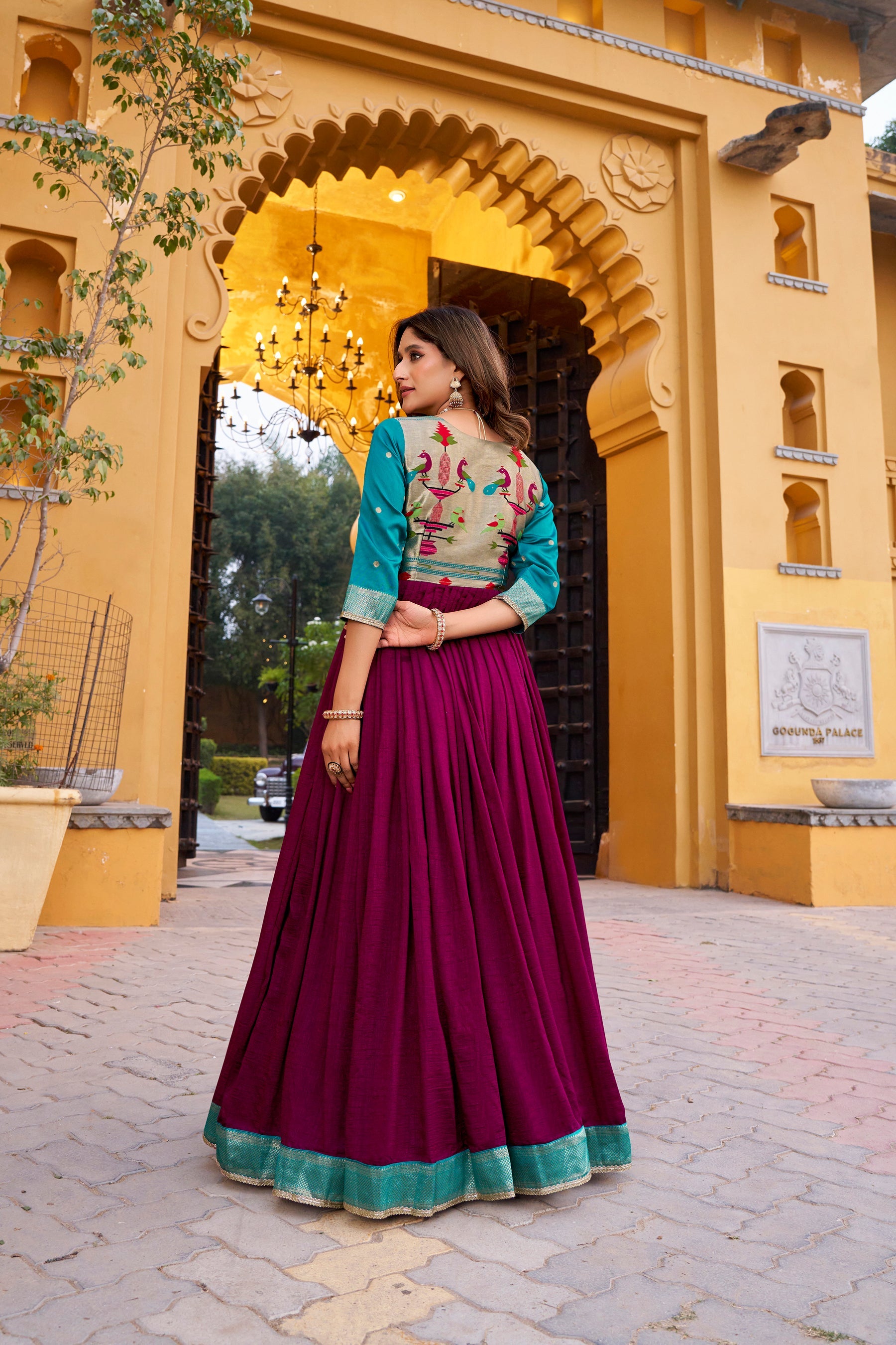 Wine Vichitra Silk Long Dress with Zari Weaving and Lace Details