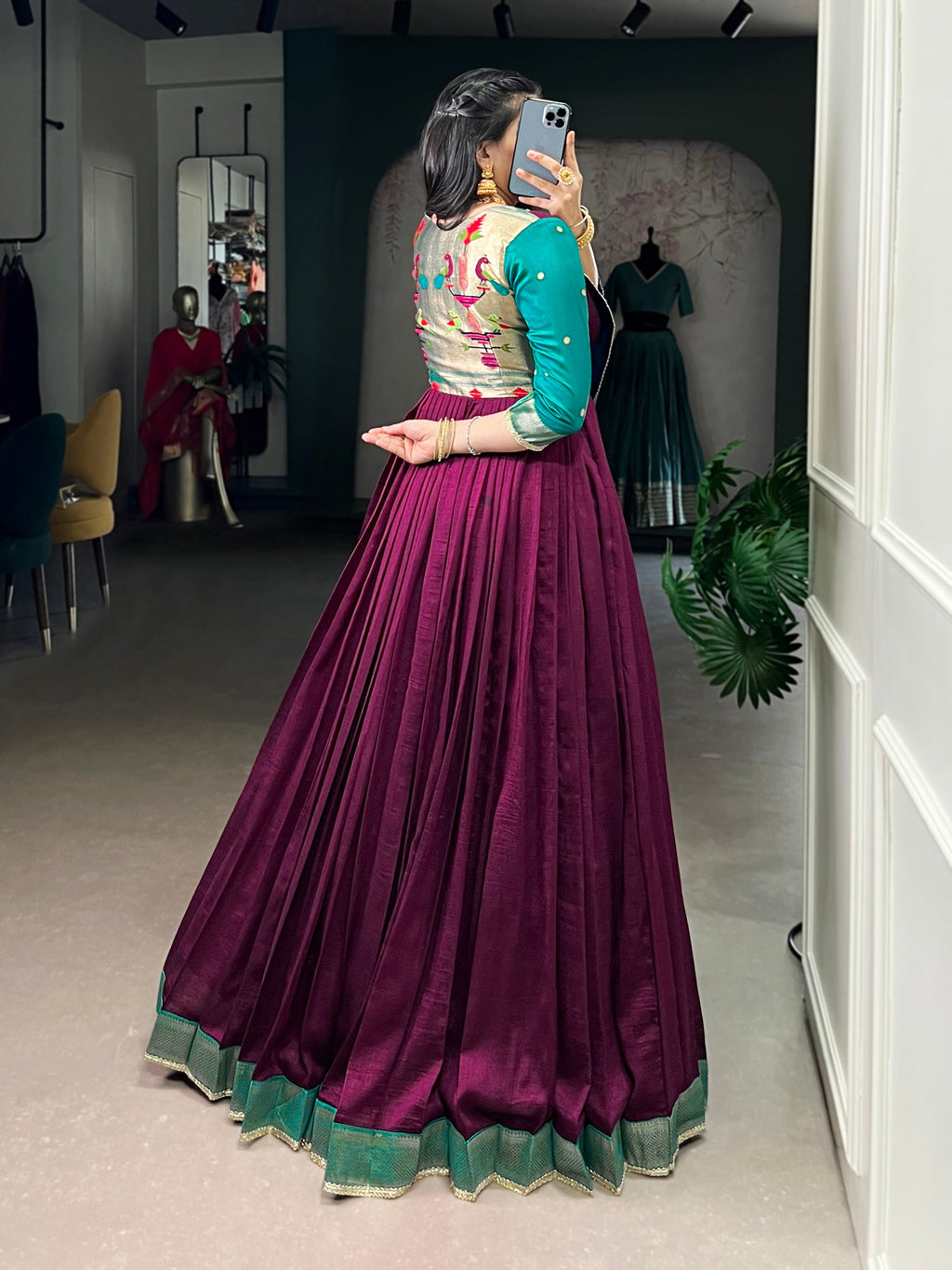 Wine Vichitra Silk Gown with Zari Weaving and Lace Detailing