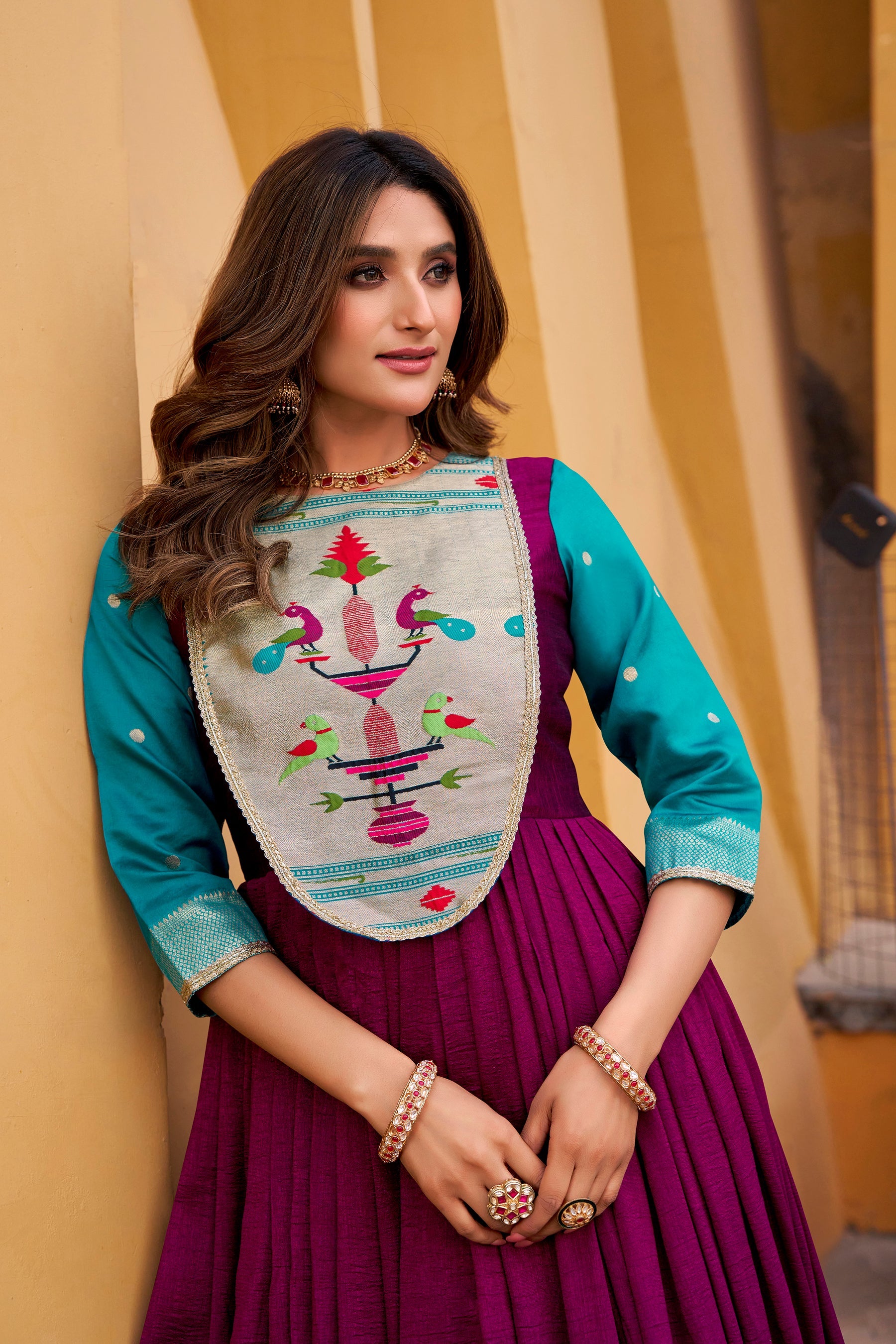 Wine Vichitra Silk Long Dress with Zari Weaving and Lace Details