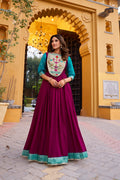Wine-colored long dress in Vichitra Silk with gold Zari weaving and lace trim