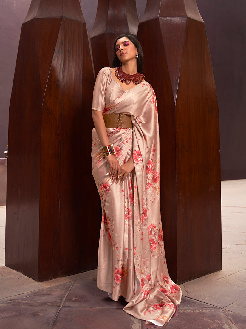 Beige crepe satin saree with vibrant digital prints draped elegantly