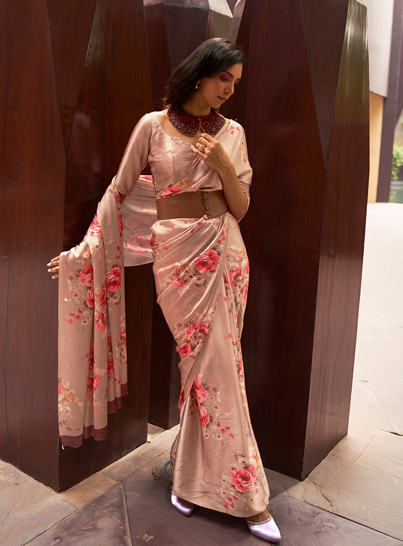 Beige Crepe Satin Digital Print Saree for Elegant Occasions