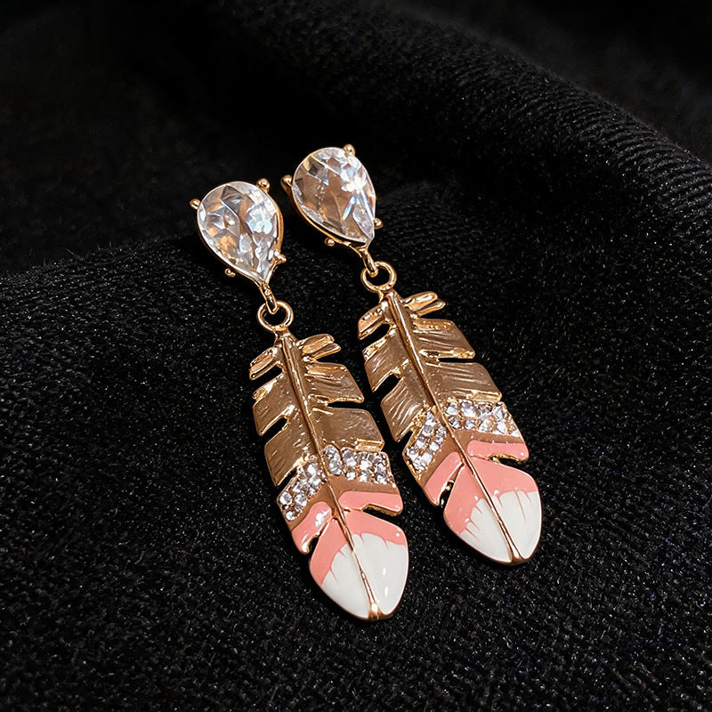 Women Feather Pendant Dangle Stud Earrings,Palace Style Heavy Craft Inlaid Rhinestone Enamel Earrings,Light Luxury Versatile Elegant Daily Fashion Jewelry