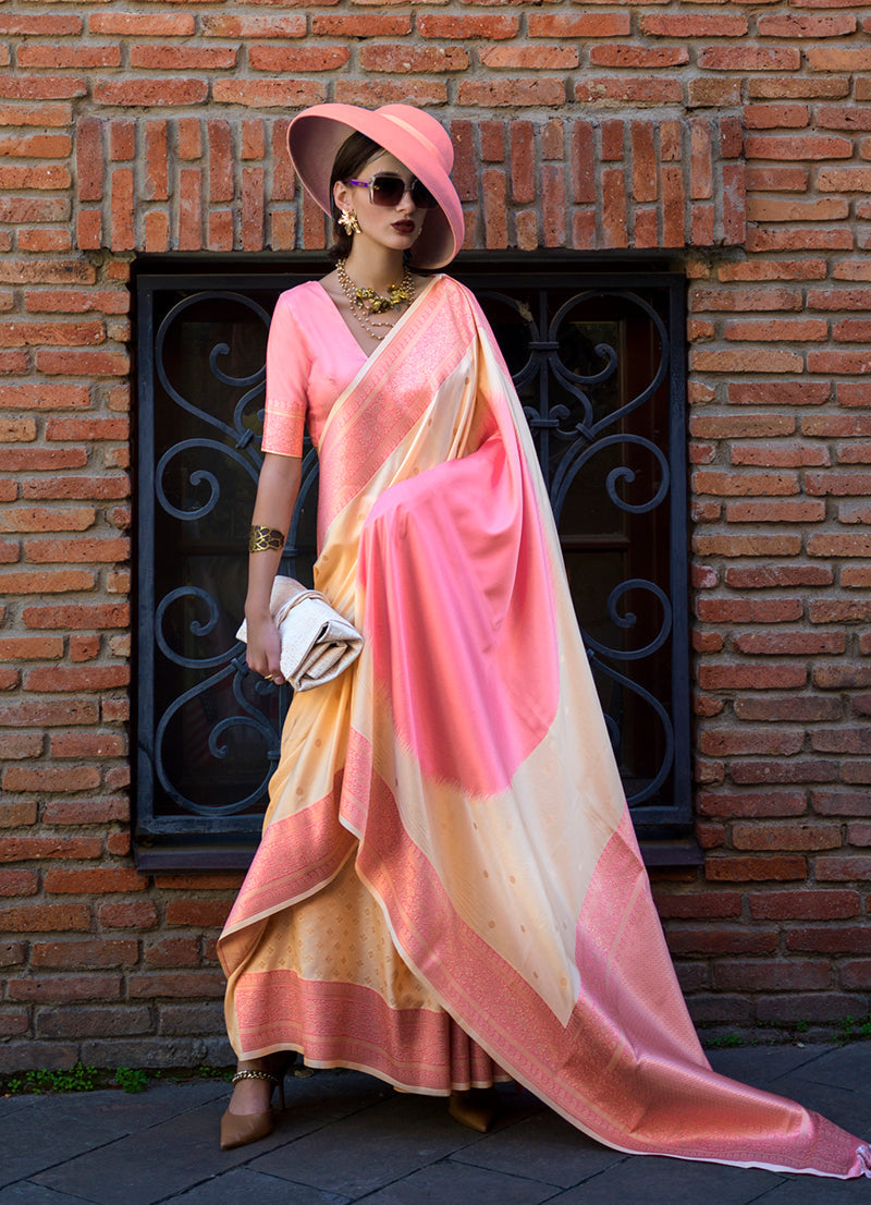 Monjolika Fashion Cream And Pink Weaving Silk Party Classic Saree