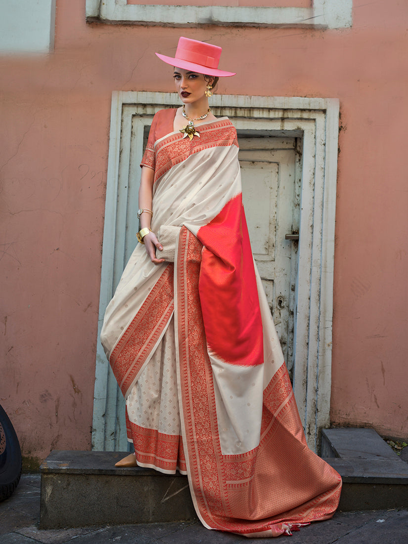 Off White and Red Silk Weaving Classic Saree for Sangeet